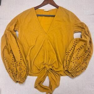 Lovestitch Women's Small Mustard YellowRhapsody Cotton Balloon Sleeve Tie Blouse